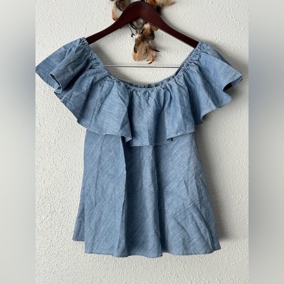 Rebecca Minkoff Blue Off-Shoulder Chambray Top Size L NWT Cottagecore Beach - Picture 10 of 12